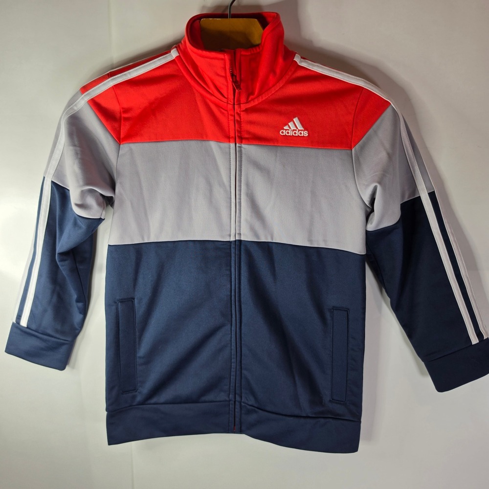 Adidas Boys Size 7 Colorblock Track Jacket Full Zip Red Grey Navy Blue Sweatshrt